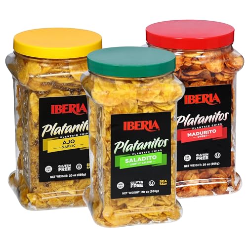Iberia Plantain Chips Variety Bundle, Lightly Salted 20 oz, Garlic 20 oz, Maduritos 20 oz