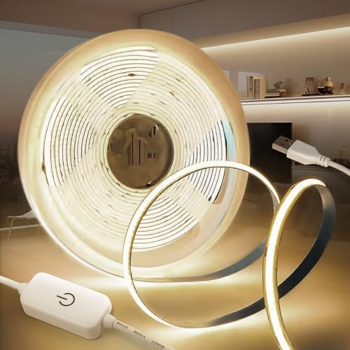 KSIBNW 5M/16.4ft USB COB LED Strip Lights, Natural White 4000K Dimmable Led Light Strip 5V LED Tape Lights Flexible CRI90+ TV Backlight with 1M USB Powered for Bedroom Cabinet Kitchen Decoration