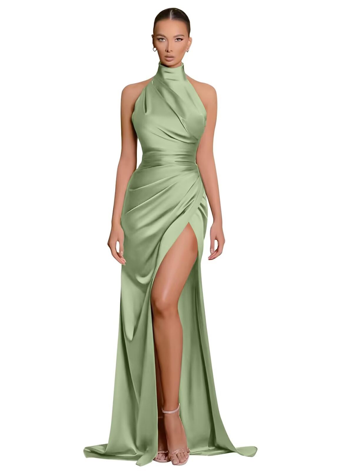Clothfun Women's Halter Satin Bridesmaid Dresses Long Mermaid Prom Dress for Women Formal Gown with Slit