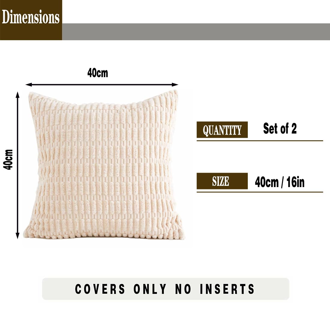 Tennove Cushion Covers 40x40cm Soft Corduroy Square Cushions Pillow Covers Set of 2 Boho Striped Decorative Throw Pillow Cases for Farmhouse Home Sofa Decor Beige - Image 2