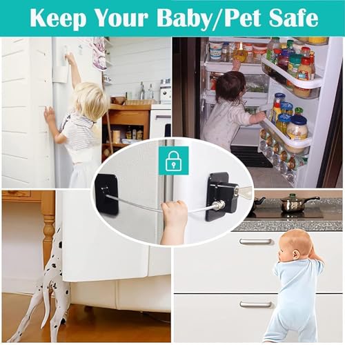 Image of Child Safety Device Refrigerator Door Lock with 2 Key and Adhesives, Cabinet Restrictor Cable for Baby and Toddler, Lock for Cupboards, Drawers, Fridge, Wardrobe, Black, Pack of 1