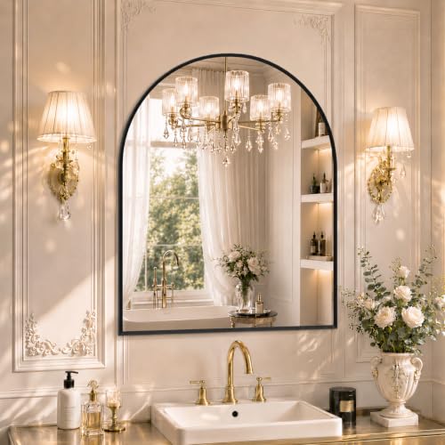Image of 30 inchx38 inch Arched Gold Bathroom Mirror - Metal Framed with HD Shatter-Proof Glass, Wall-Mounted for Over Sink, Entryway, Living Room, Bedroom