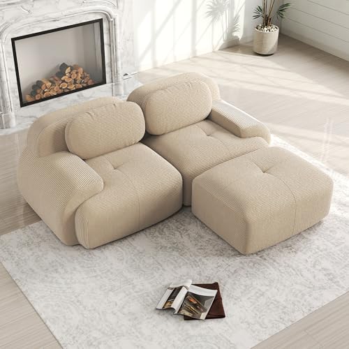 Bladez Divano moderno in corda modulare divano angolare a forma di L divano letto con pouf ottomano, senza montaggio, divani imbottiti cloud per soggiorno (beige, 2 posti+1)