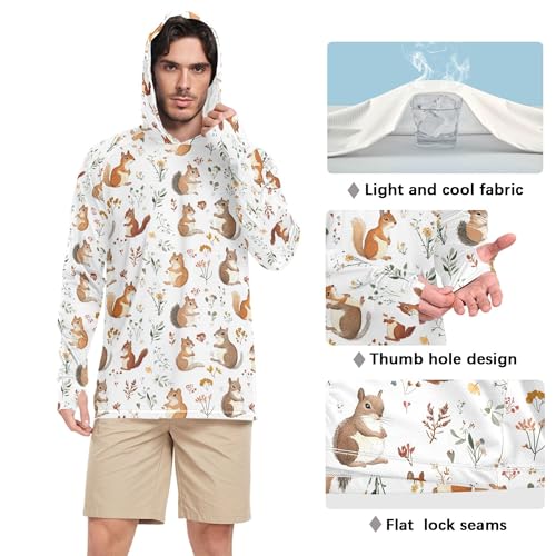 Funny Squirrel White Men's Sun Shirts Hoodies Long Sleeve Rash Guard Shirts UPF 50+ Sport Shirt S4