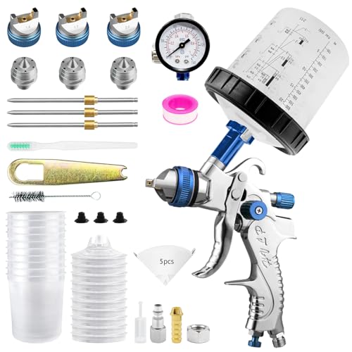 HVLP Professionnel Pistolet à Peinture avec 10 gobelets jetables de 650 ML, Pistolet Peinture Air Comprimé 3 Buses 1,4/1,7/2,0mm et Accessoires, HVLP Meubles...
