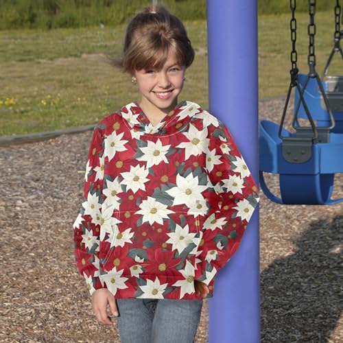 Kids Hoodies Sweaters Christmas Poinsettia Flower Hooded Sweatshirts with Big Pockets for Boys Girls B04000534