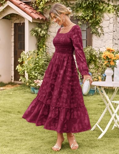GRACE KARIN 2025 Women's Long Sleeve Floral Wedding Guest Dress,Square Neck Boho Maxi Dress, Flowy Elegant Fall Dress4