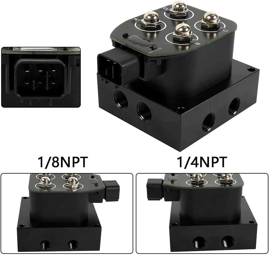 muge racing 1/4" NPT 12V 2 Corner Block Manifold Solenoid Valve for Air Bag Suspension Systems, 0-300Psi Pressure Rating, Fast Response Time, Heavy-Duty, Universal Fit for Auto & Motorcycle, Aluminum