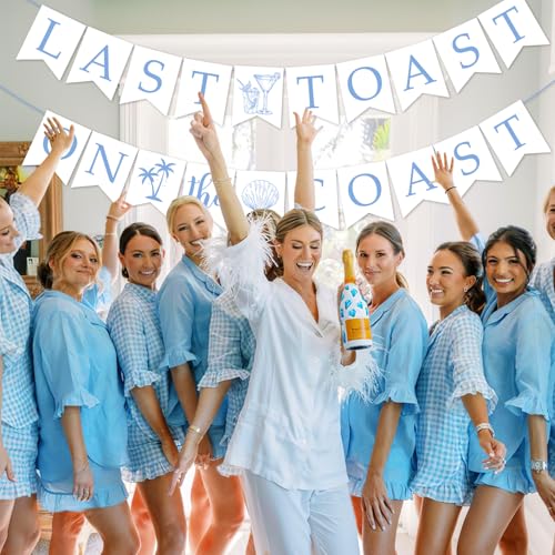 Image of Last Toast on the Coast Bachelorette Party Banner Coastal Bachelorette Party Decorations Blue White Shell Champagne Palm Tree Garland Banner for Girl Beach Bachelorette Bridal Shower Party Supplies