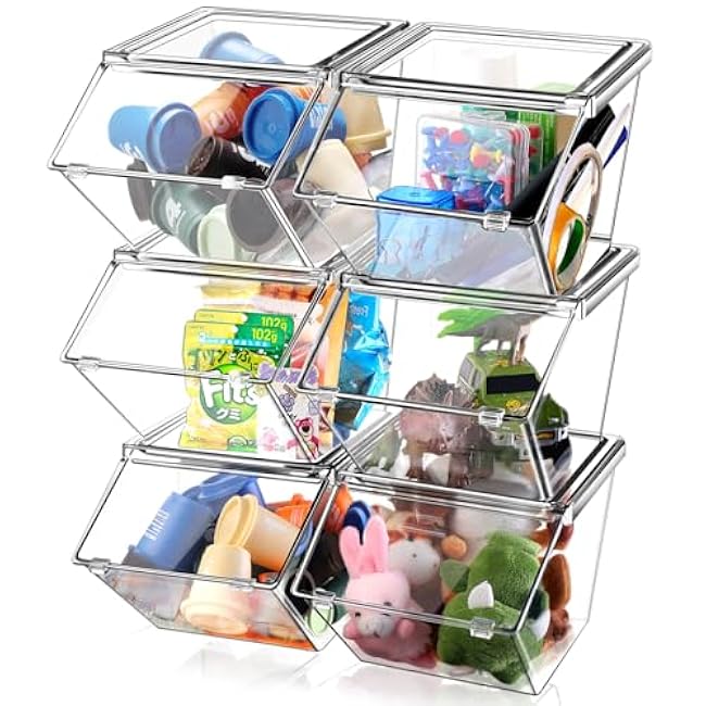 Yerliker Clear Plastic Storage Bins with Lids Large Stackable Pantry Storage Organizer Bins Kitchen Organization Cabinet Organizers Ideal Containers for Fridge, Kitchen, Cabinets, Bathroom (6 Pcs)