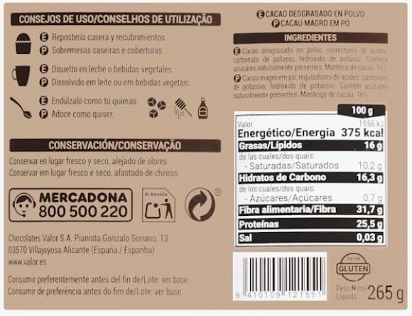 Cacao Puro in Polvere 100% Naturale, Senza Zuccheri Aggiunti, Desgrasado, Vegano, Senza Glutine, Senza Lattosio, 265g, pack 2
