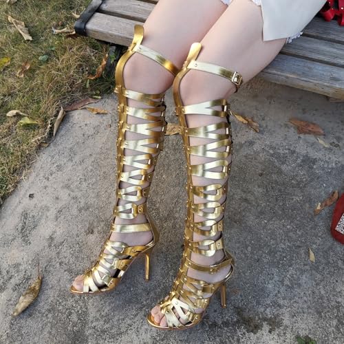 Image of Hanfike Knee High Sandals for Women Gladiator Cut Out Summer Roman Boots