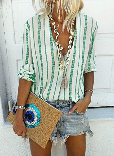 Astylish Women Casual Deep V Neck Button Down Stripe Print Long Sleeves Work Shirt Blouse Tops Small 4 6 Green