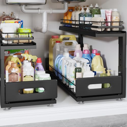 Image of Under Sink Organizer Upgrade To Professional Rails,2-Tier Dual Pull Out Cabinet Storage,Height Adjustable Slide Out Drawers For Bathroom Kitchen,2 Pack-21 inchDx12.8 inch-16.9 inchH,Black