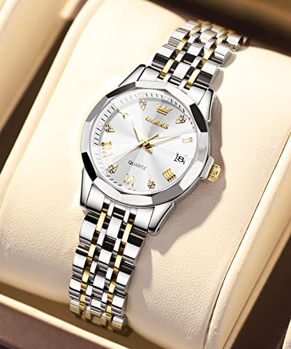 Image of OLEVS Watches Women with Date Silver Stainless Steel Luxury Ladies Watches with Small Writs Diamond Watches for Women Waterproof Elegant Dress Quartz Analog Women's Wrist Watches Reloj de Mujer