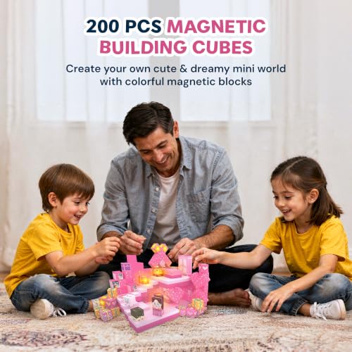 Pink Castle & Farm House Theme 200 PCS Magnetic Building Blocks for Kids, STEM Toy for Kids 3+, Magnet Blocks Creative Construction Magnetic Cubes Blue Castle Christmas Birthday Gifts for Boys & Girls - Image 2