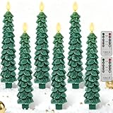 6 Pcs Flameless Christmas Tree Candles with Remote, Taper Christmas Candles Real Wax, Green 9.8'' LED Candlesticks with 3D Wick Flickering Flame for Christmas Dinner Home Decorations