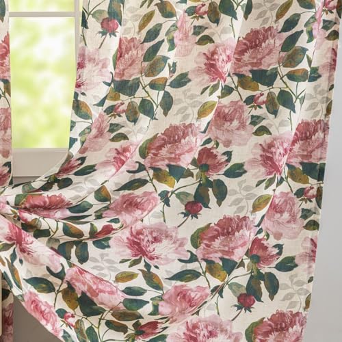 Image of ALIGOGO Pink and Green Linen Floral Curtains for Bedroom, 50 inch W x 72 inch L