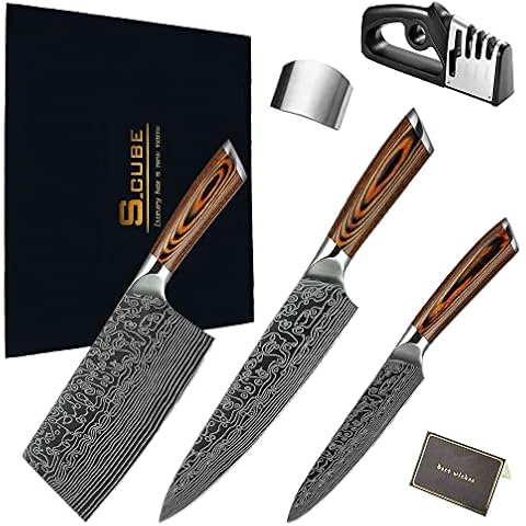 Küchenmessersets 5-teilig, Wellenmuster Klinge mit braunem Griff Cover