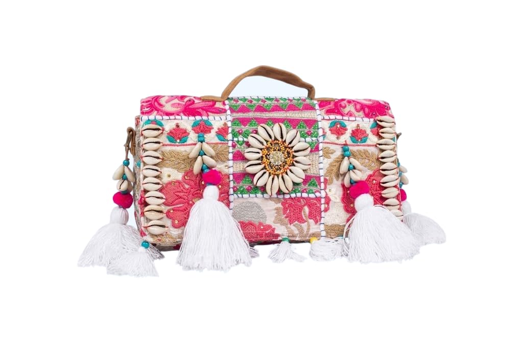 Heritage Styles Ethnic Boho Handmade Rajasthani Embroidered Patchwork Tote Bag For Women With Mirror Work Shoulder Handbag Tassels Floral Design Traditional Carry Bag Stylish Handcrafted-picture-12