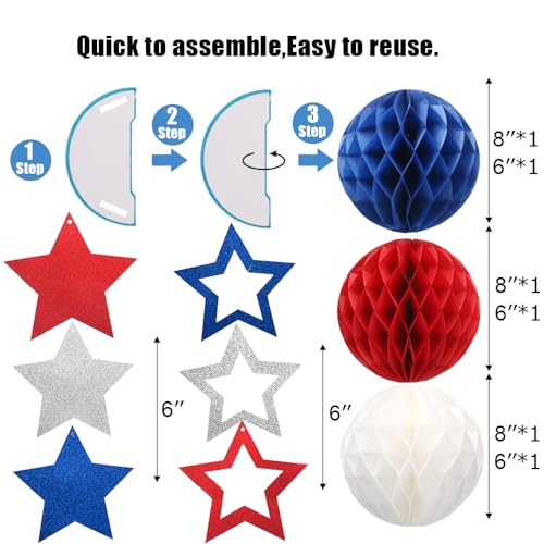 Image of 4th of July Decorations,Red White Blue Party Decorationsr,Red White Blue Honeycomb Ball,Star Hanging Swirl,star Garland for Memorial Veterans Labor Presidents Flag Day Home Parties Accessories