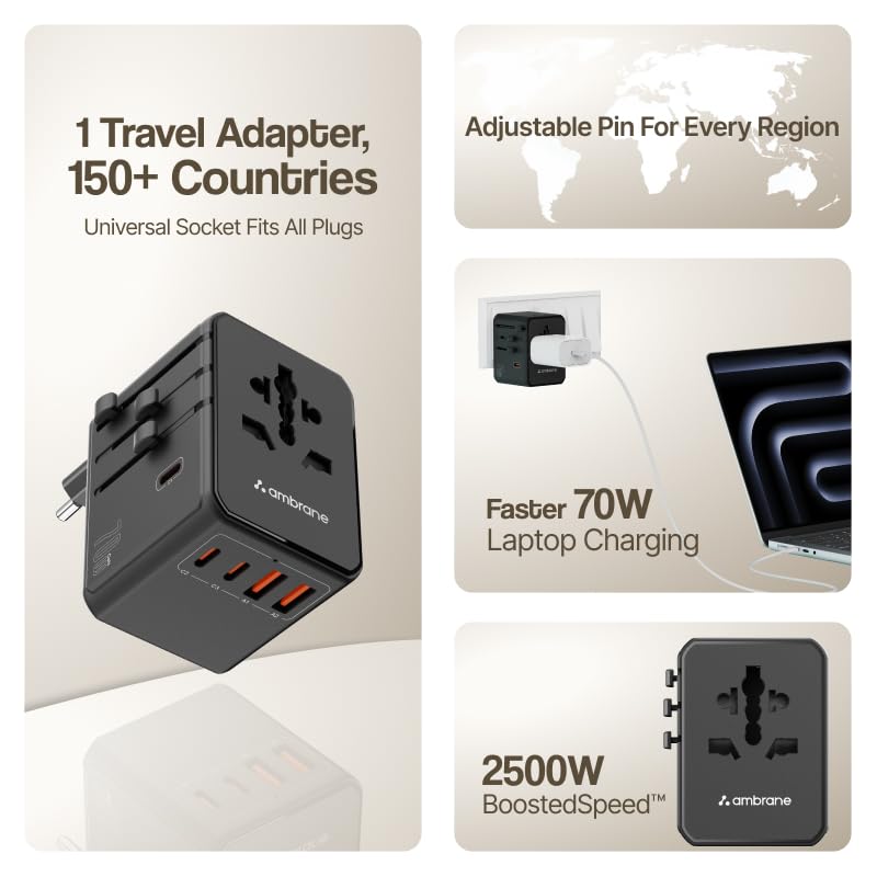 Image of Ambrane 70W Universal Charger Adapter, 3 Type C, 2 USB Ports, Macbooks & Other Type C Laptop Charging, Fast Charging iPhone & All Mobiles, International Worldwide Travel Adapter (ATA-05,Black)