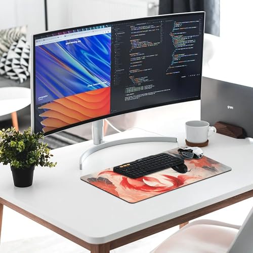 Image of Koi and Lotus Ethnic Extended Gaming Mouse Pad, with Stitched Edges Large Mouse Pad Desk Protector, Rubber Base Mousepad Keyboard Mouses Mat for Work Game Office Home- 32 inch X 16 inch Inch