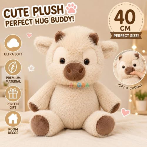 Image of ADORA Running Cow Stuffed Animal Soft Plush Toy 40 cm, Highland Calf Plush Doll, Teddy Cotton Filled Teddy, Soft Cuddle Toy for Kids, Girls & Boys, Cream Khaki Birthday Gift Hugging Toy