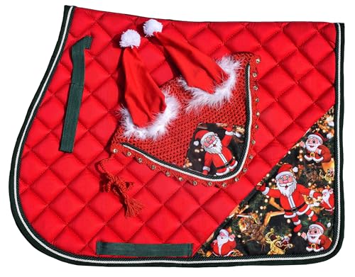 Santa Calus Costume for Horses, Christmas All Purpose English Saddle Pad, Handmade Jumping Saddle Pad, Fly Bonnet, Festive Style, Xmas Spirit (Pony)