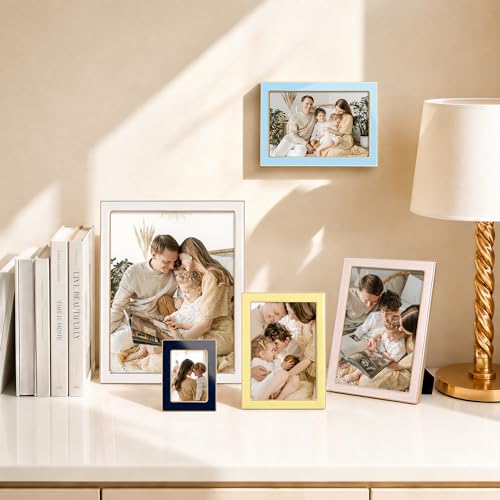Image of eletecpro 4x6 Enamel Picture Frame Set of 2 with Real Glass Cover, Cute Photo Frame with Gold Metal Edge, Horizontal and Vertical Display Pictures 4 by 6 for Tabletop and Wall Decor, Sky Blue