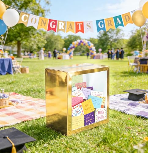 Image of SietDESEO Gold Card Box for Party with Clear Window Large Gift Card Box Holder for Wedding Reception Birthday Graduation Baby Shower Raffle Ticket Box