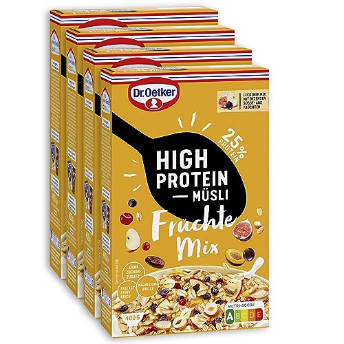 Dr. Oetker High Protein Müsli Früchte Mix 4er Pack Müsli aus wertvollen Flocken, Protein, Cerealien, Sojaflocken, Nüssen und Früchten