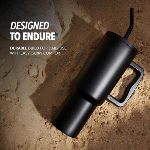 Image of Black Stainless Steel Tumbler with Handle 1200 ml, Straw & Cleaning Brush, Double Wall Leakproof Sipper Tumbler, Cup Holder Fit Travel Mug for Men Women, Portable Tumbler for Gym & Office