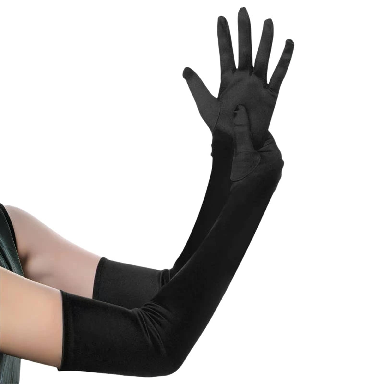 2 pares clásicos adultos ópera/muñeca estiramiento satén dedo guantes largos mujeres traje a juego
