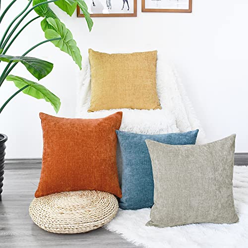 Calitime Throw Pillow Covers Modern Multi-Color Matching Cozy Soft Chenille Cushion Cases Shells For Couch Sofa Home Decor, 18 X 18 Inches - Pack Of 4, Gold Taupe Smoke Blue Burnt Orange #TOP2