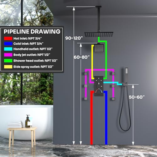 Sistema de Ducha LED de Techo HOMEDEC 12" con Cabezal de Ducha de Pared de 6", Válvula Desviadora 4 Vías, Ducha de Mano y 6 Jets de Cuerpo, Negro miniatura 7