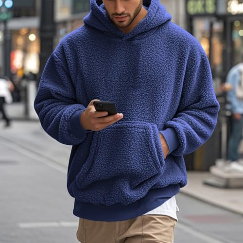 Men Fuzzy Sherpa Hoodie Long Sleeve Fall Winter Fashion Hooded Sweatshirts Solid Thick Fleece Pullover with Pocket2
