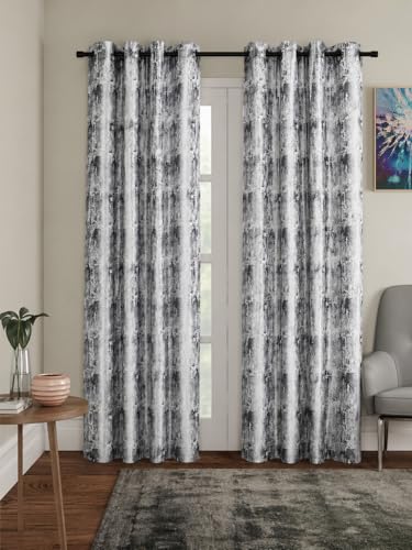 Image of HUTI Home Room Darkening Door Curtain for Home | Heavy Polyester Knitted Jacquard Look Eyelet Curtain | Texture Print | Grey | 7 Feet (120 x 213 cm) | Set of 2