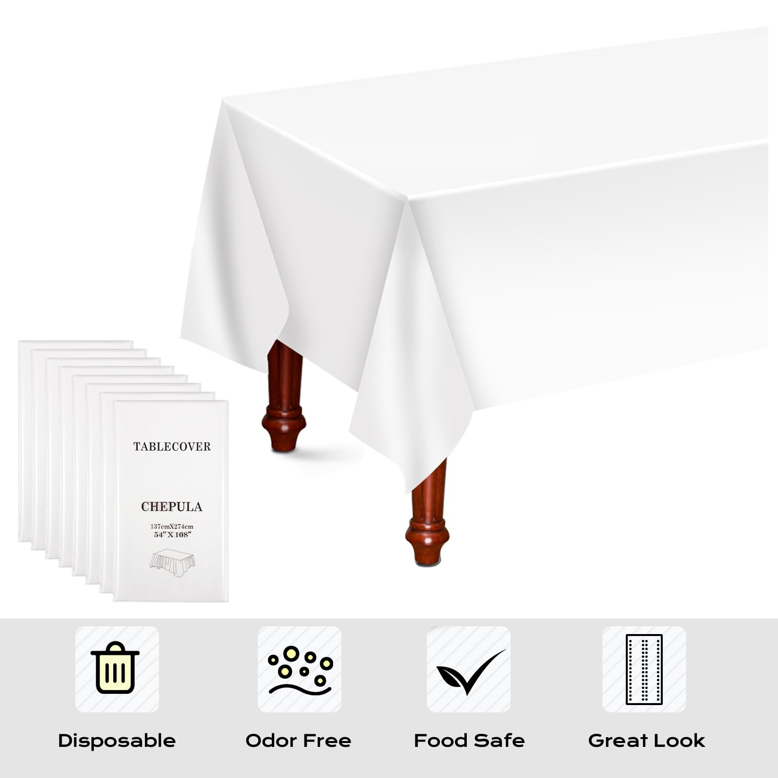 CHEPULA Tovaglia usa e getta, bianca, 8 pezzi, impermeabile, per compleanno, rettangolare, adatta per matrimoni, feste, compleanni dei bambini, Natale, 137 x 274 cm, bianco