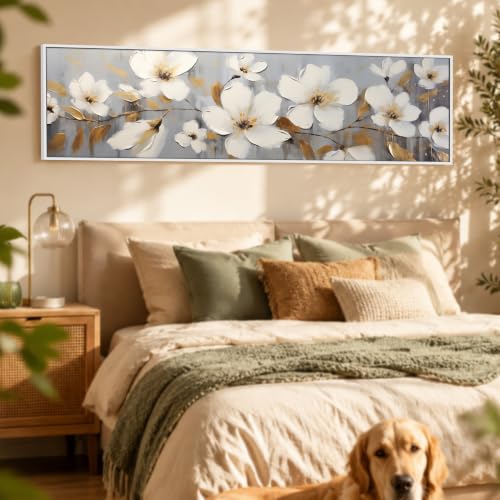 Image of PAINTINGMANTRA White Flowers Wall Art Painting, White Cherry Blossom Flowers for Living Room, Home and Office Wall Decoration (13x47 Inch)