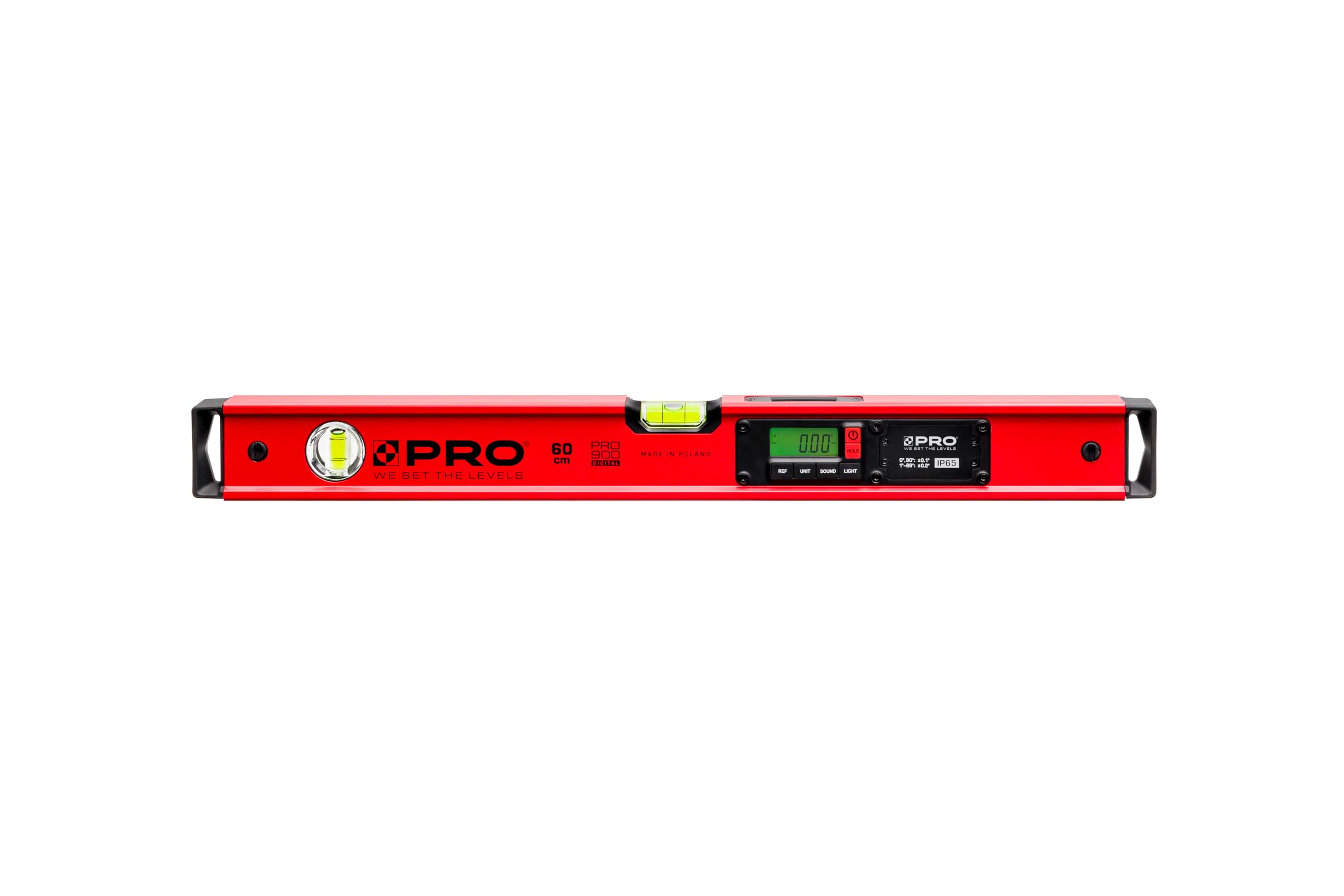 PRO900 Niveau Electronique 60cm avec 2 écrans LCD et pochette - Niveau à bulle numérique avec mémoire de mesure jusqu'à 19 résultats - Indice de protection IP65 - Couleur Rouge