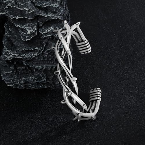 Stainless Steel Cuff Bracelet,Retro Gothic Punk Biker Cool Open Adjustable Cuff Bangle Bracelets Jewelry for Men Silver3