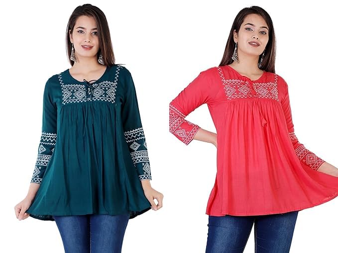 Image of Shiva Fab Short Kurti for Women | Embroidered Straight Rayon Kurta | Round Neck Full Sleeves Short Kurti for Women's Combo Pack of 2