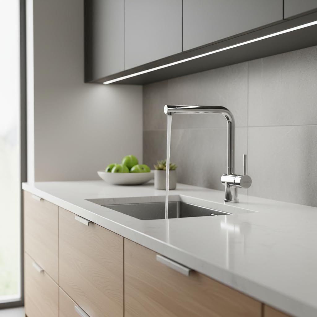CATA Grifo De Cocina CSA CROMO/D Monomando Caño Bajo Giratorio 360º Acero Inoxidable Aireador Anticalcáreo Cartucho Cerámico Apertura En Frío Reductor Caudal 5L Conexión Flexible Acabado Inox