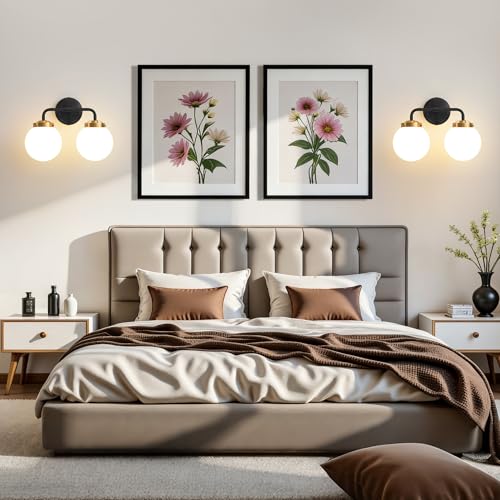 Image of Bathroom Light Fixtures 14in 2-Light Black Gold Vanity Lights for Mirror | Bathroom Lighting Fixtures over Mirror, ETL, Brushed Brass Wall Sconce, Dimmable E12 Base Max 60W, Milky Glass Ball Shades
