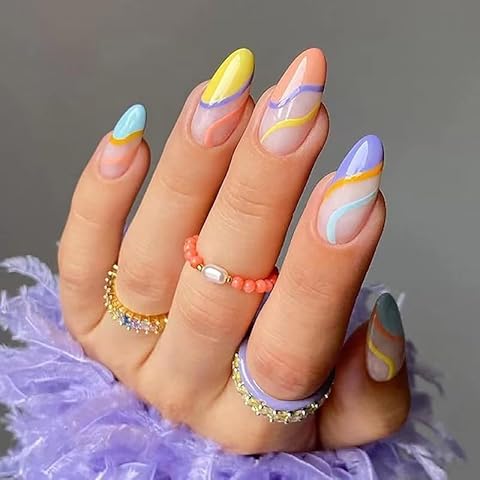 Magrace Medium Press on Nails Almond Fake Nails French Tips False Nails with Designs 24 pcs Stick on Nails for Women (A-27) Cover