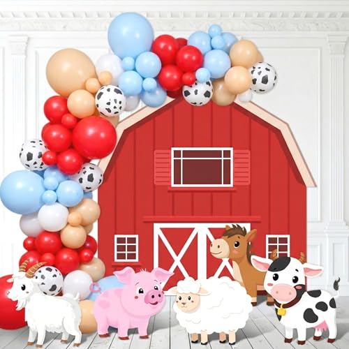 PullCrease 114 Pcs Farm Animal Theme Party Decorations Set Farm Barn Backdrop Large Animal Cardboard Cutout Yard Sign Cow Balloon Garland Arch Kit Photo Prop for Farmhouse Birthday Party Supply