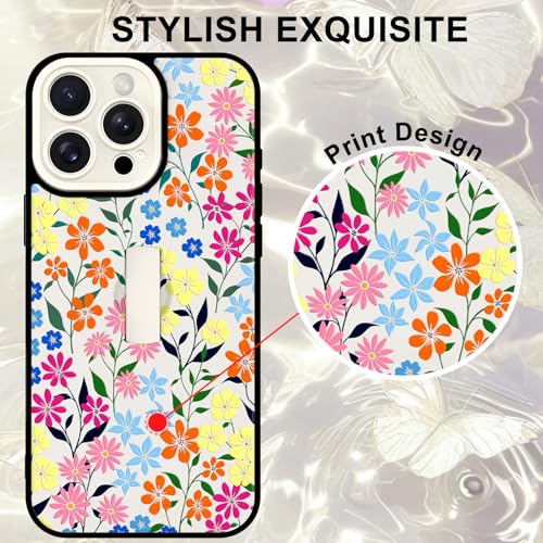 Image of for iPhone 15 Pro Max Case with Finger Strap Holder, Cute Colorful Floral Flower Print Pattern Design for Women Girls, Shockproof Anti Scratch Hand Kickstand Protective Cover, White