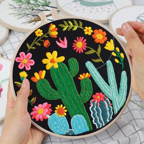 Image of Nuberlic 3 Pack Embroidery Kit for Beginner Adults, Stamped Cross Stitch with Cactus Patterns Include 3 Hoop, Cloth Thread Needles and Instructions