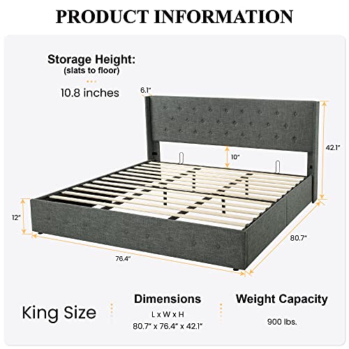 Sha Cerlin King Size Lift Up Storage Bed/Button Tufted Wingback Headboard/Hydraulic Storage/Upholstered Platform Bed Frame/No Box Spring Needed/Wood Slats Support/Dark Grey #TOP1